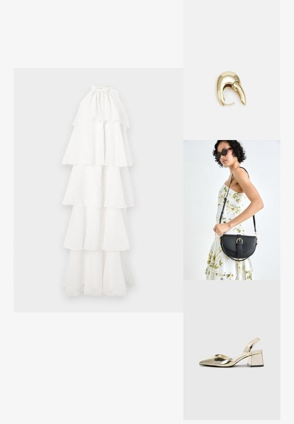 Biela vrstvená šaty vyrobené z ľahkej tkaniny. Má halter krk a niekoľko volánikových vrstiev, čím vytvára prúdiaci obrys.; Zlaté kovové lodičky na podpätku so špicatou špičkou a robustným podpätkom. Hladký povrch, minimalistický dizajn a úzka remienok.; Čierna kožená kabelka s zaobleným tvarom, odnímateľným popruhom a zlatými doplnkami. Kabelka má klopu s detailom s prackou.; Náušnice z kovu v zlatej farbe s elegantným, zakriveným dizajnom. Majú charakteristický špicatý tvar, leštený povrch a uzáver na pánt.