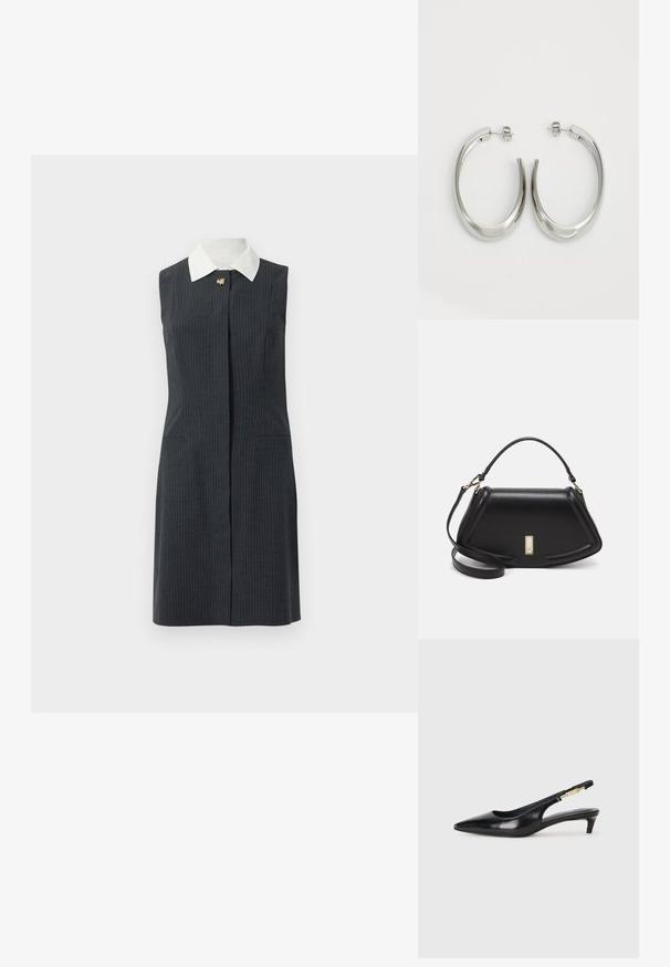 Robe sans manches à rayures grises avec un col blanc, dotée d'une fermeture à l'avant et de deux poches latérales, confectionnée dans un tissu lisse.; Talons hauts en cuir noir avec un bout pointu, dotés d'un talon fin et d'un accent en ton or sur la lanière réglable. Texture lisse.; Sac à main en cuir noir avec un design structuré, featuring une forme cropped, une poignée supérieure et des accents en matériel doré. Bandoulière réglable incluse.; Boucles d'oreilles en argent avec un design lisse et courbé. Présentent une finition métallique brillante et une fermeture à clou. Pas de motifs ou d'accents visibles.
