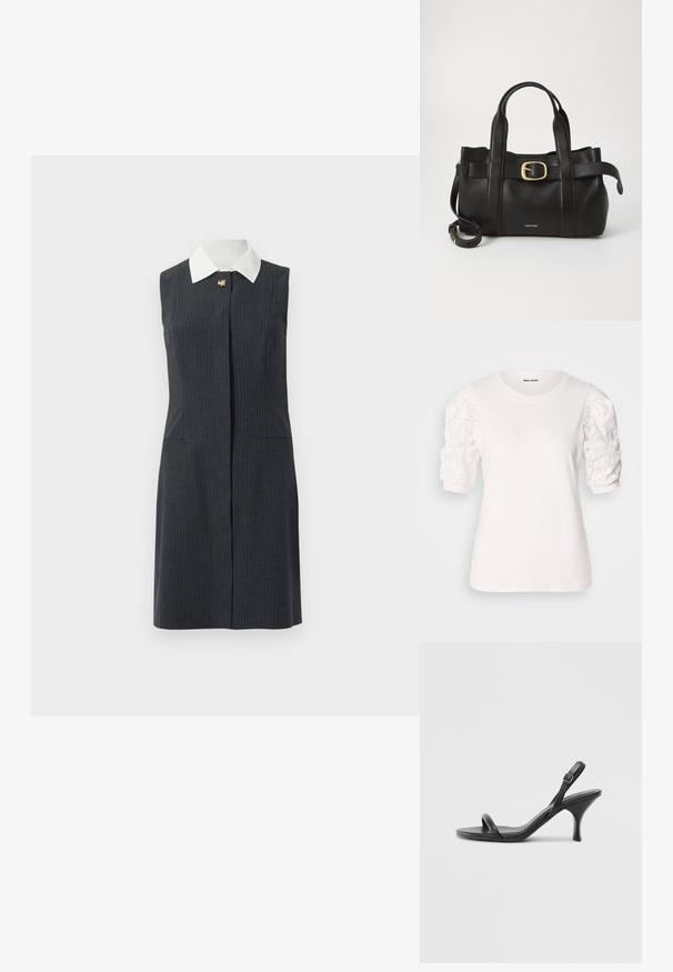 Gray pinstriped sleeveless dress with a white collar, featuring a front closure and two side pockets, crafted from a smooth fabric.; White t-shirt with short, puffed sleeves made of lace. Round neckline, soft texture, and a slightly loose fit. Brand label visible inside.; Black leather high-heeled sandals with a slim, curved heel and a crossed strap design. Adjustable ankle strap. Smooth texture.; Black leather handbag featuring a structured design, dual top handles, gold-tone buckle accent, and embossed brand logo at the front.