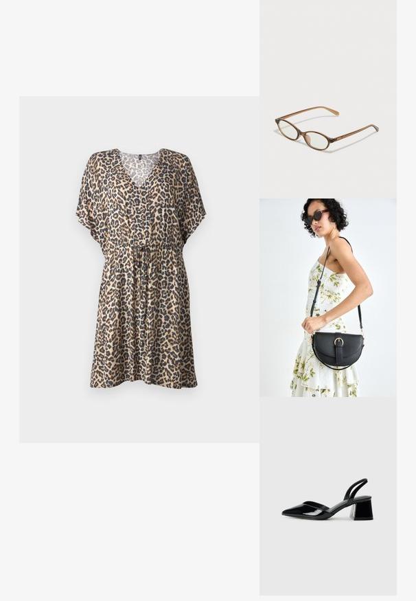 Leopardi mustriga kleit kergest kangast, V-kaeluse, lühikeste lendavate varrukate, elastse vöökohaga ja voolava siluetiga.; Mustad musta lakknahk kingad, millel on terav varvas ja geomeetriline plokkkonts. Omab elegantselt minimalistlikku disaini ja sujuvat tekstuuri.; Pruunid kilpkonnaläätsed ovaalsete objektiividega, õhukesed kaared ja läbipaistvad aktsendid. Templi peal on peene logoga. Sujuv, kergesti kandmiseks mõeldud disain.; Mustmust mustraha kõverate joontega, eemaldatava rihmaga ja kuldsete detailidega. Kotil on klapp, millel on pandladetail.