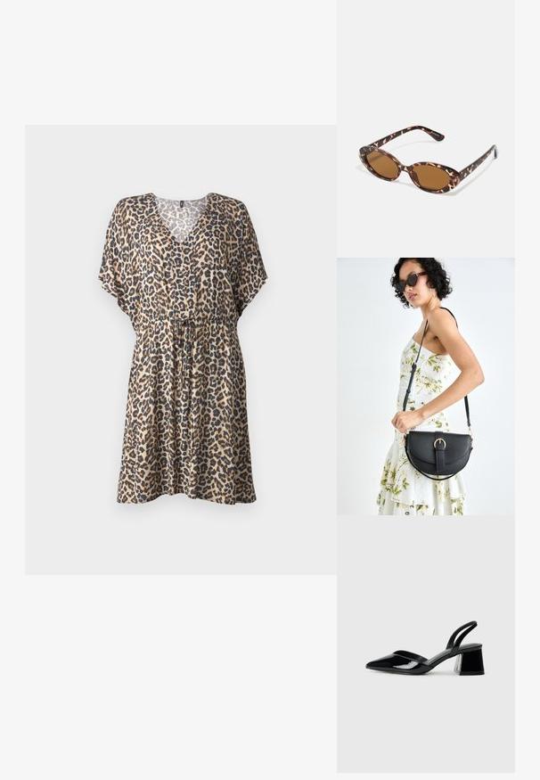 Leopárdmintás ruha könnyű anyagból, V-kivágással, rövid denevér ujjakkal, gumírozott derékkal és folyékony szilhuettel.; Fekete lakk bőr szandálkés magas sarkú cipő, hegyes orral és geometrikus tömbsarkakkal. Karcsú, minimalista dizájn és sima textúra jellemzi.; Teknősbéka mintás napszemüveg, ovális lencsékkel, barna árnyalatú, vékony karokkal, amelyek texturált mintával rendelkeznek, könnyű műanyag keret.; Fekete bőrtáska ívelt formával, levehető pánttal és arany színű fémrészekkel. A táskán egy csattal díszített fedél található.; Aranyszínű fülbevalók, texturált, hullámos formákkal. Tartalmazza a szobrászati klipszes studokat és az open hoop kialakítást, kalapácsos felülettel.