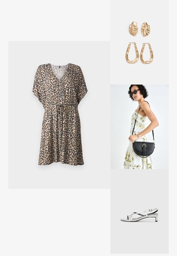 Rochie cu imprimeu leopardeu, dintr-un material ușor, cu decolteu în V, mâneci scurte tip batwing, talie elastică și siluetă fluidă.; Sandale slingback metalice argintii cu toc mic, cu bretele încrucișate și o textură netedă. Design minimalis.; Geantă din piele neagră, cu o formă curbată, curea detașabilă și accesorii aurii. Geanta are un capac cu un detaliu tip cataramă.; Cercei aurii cu forme texturate și ondulate. Include studs sculpturale cu clip și un design de cerc deschis cu un finisaj cioplit.