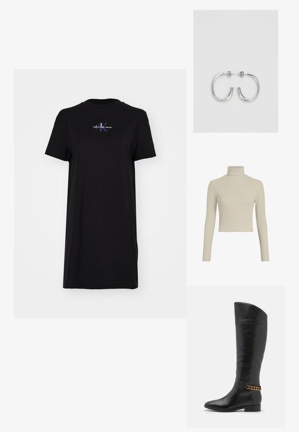 Čierne tričko vyrobené z bavlny, s okrúhlym výstrihom a krátkymi rukávmi. Na prednej strane je zobrazené farebné logo s textom "Calvin Klein Jeans".; Svetlo béžový rebrovaný rolák s dlhým rukávom a priliehavým strihom, s vysokým golierom. Obsahuje decentnú logovú nášivku na leme. Hladká textúra.; Vysoké čierne kožené čižmy so štíhlym dizajnom, špicatou špičkou a zlatým reťazovým akcentom na členku. Nízky blokový podpätok. Hladká textúra.; Strieborné kruhové náušnice s hladkým a lesklým povrchom. Okrúhly tvar, ľahký dizajn, s uzáverom na kolík.