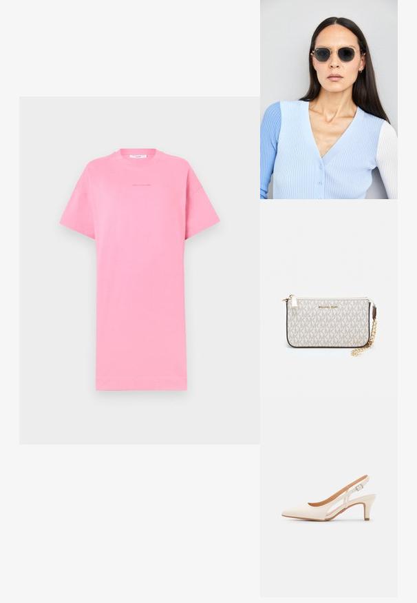 Rozā kokvilnas t-krekls ar īsām piedurknēm, vaļīga piegriezuma, apaļu kakla izgriezumu un minimālisma teksta detalizāciju centrā. Vienkāršs dizains, viendabīga krāsa.; Baltas siksniņveida papēdis ar smailu purngalu, gludu augšējo materiālu, zemu blokpapēdi un sānu izgriezumu dizainu ar regulējamu sprādzi.; Apaļas saulesbrilles ar tumšiem objektīviem un zeltītām rāmēm. Modelis valkā gaiši zilu, ribotu kardigānu ar pogām un kontrastējošām baltām piedurknēm.; Michaela Korsa rokassomi bez̦ā īšojuma, kas izgatavota no apklāta kanvas, iekļaujot atkārtotu MK logotipa rakstu, zelta aparatūru un noņemamu ķēdes siksnu.