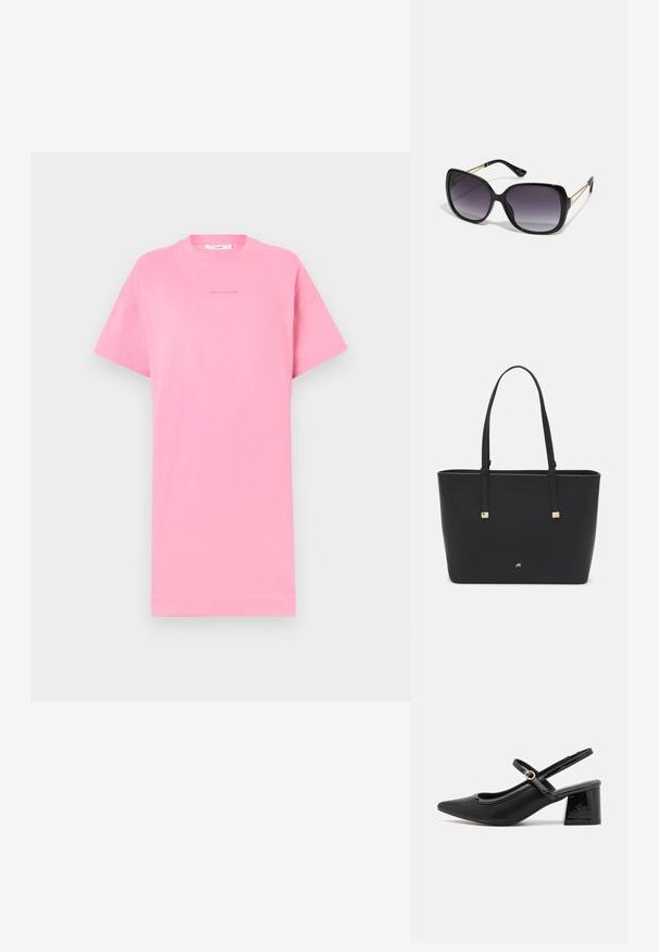 Rozā kokvilnas t-krekls ar īsām piedurknēm, vaļīga piegriezuma, apaļu kakla izgriezumu un minimālisma teksta detalizāciju centrā. Vienkāršs dizains, viendabīga krāsa.; Melns patentēts ādas sandales ar norādīta pirksta formu, noapaļotu izgriezuma dizainu un bloķētu papēdi. Iezīmēta ar zelta toņa sprādzi.; Melni pārmērīgi lieli saulesbrilles ar gradāciju lēcām, biezām rāmja malām un zeltainas krāsas ķēžu detaļām uz tempļiem.; Melnā somiņa, kas izgatavota no sintētiska materiāla, ar vienkāršu taisnstūra formu, zelta kvadrātveida akcentiem un divām rokturiem.