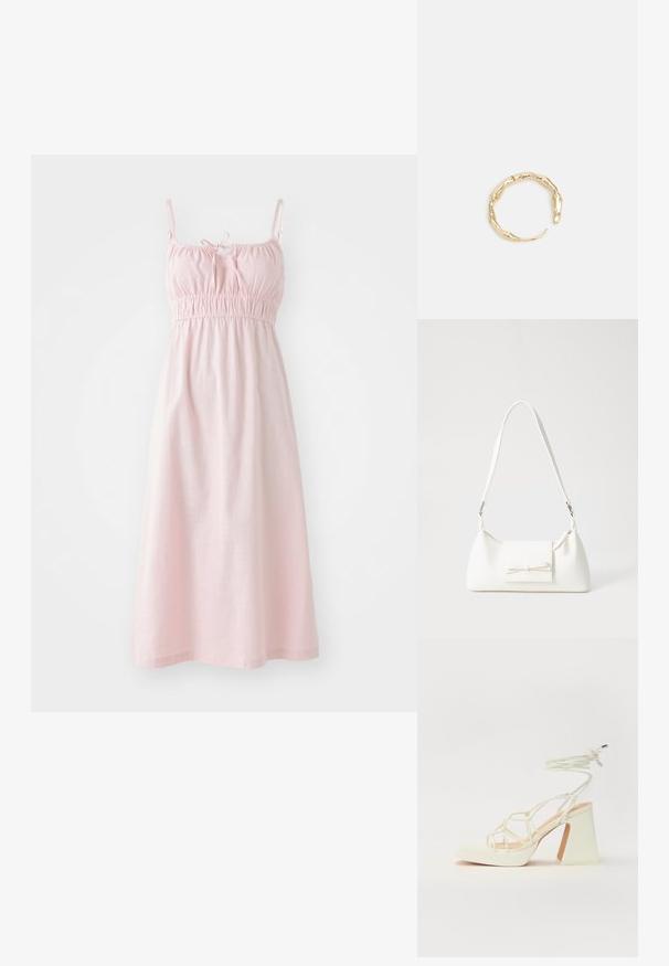 Svetloružové šaty bez rukávov s elastickým pásom, detailom viazania na výstrihu a voľným, splývavým dizajnom. Vyrobené z mäkkej, textúrovanej tkaniny.; Biele sandále na vysokom opätku s hrubým podpätkom, s pruhovaným dizajnom a viazaním na členku. Hladký povrch s platformou vpredu pre zvýšenú výšku.; Biela syntetická kabelka s trojuholníkovým tvarom, plochým predným klapkou a detailom mašle, nastaviteľným popruhom, hladkou textúrou a minimalistickým dizajnom.; Prsteň v zlatej farbe s organickým, skrúteným dizajnom, hladkým povrchom a zužujúcimi sa koncami, vytvárajúci moderný, sochársky vzhľad.