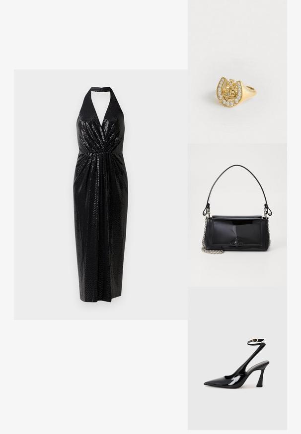 Vestido preto de alças, feito de tecido revestido de lantejoulas, com um decote em V profundo, cintura franzida e silhueta ajustada que termina à altura da panturrilha.; Sapatilhas de salto alto em verniz preto, com bico afiado, tiras ajustáveis no tornozelo e um salto quadrado moderado. Textura suave com acabamento brilhante.; Bolsa de mão em verniz preto com formato retangular, alça de corrente e um detalhe de hardware distinto no centro. Textura suave.; Anel de ouro com um design de coroa dentro de uma ferradura, decorado com pequenas pedras preciosas claras, sobre um fundo branco.