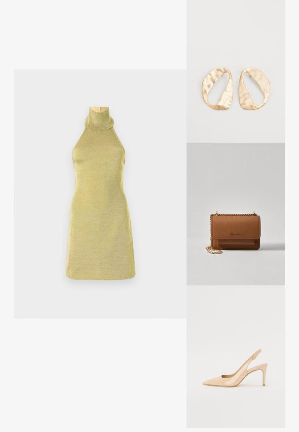 Pletené bezrukávové šaty v metalickej zlatej farbe s vysokým stojačikom. Ľahko priliehavý strih s hladkou textúrou a minimalistickým tvarom.; Nude patent leather slingback topánky na vysokom podpätku s špicatou špičkou, otvorenou špičkou a tenkým stiletto podpätkom. Obsahuje kruhový zlatý akcent na popruhu.; Hnedá textúrovaná kožená taška cez telo s zlatým reťazovým popruhom a preklopným uzáverom. Predná strana obsahuje detail s logom a vrecko pod preklopkou.; Pár nepravidelných oválnych zlatistých kovových náušníc s textúrovaným, mierne rozbitým povrchom na bielom pozadí.