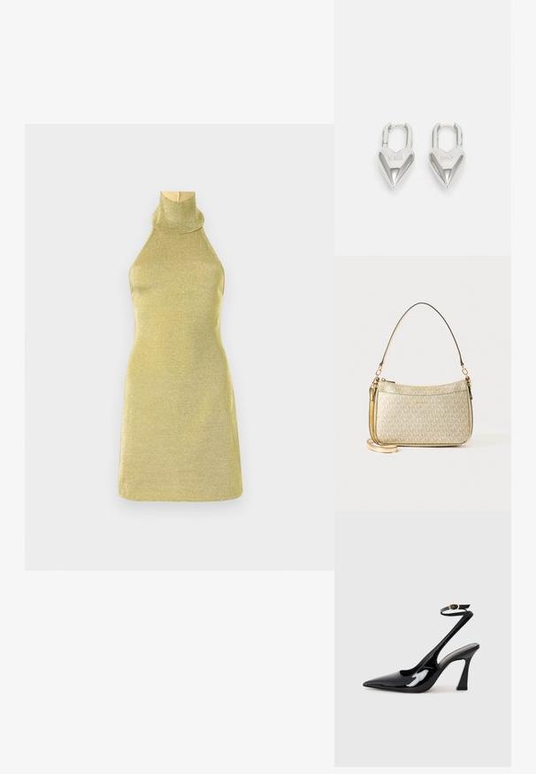 Vestido de malha sem mangas em dourado metálico com um colarinho alto. Design justo com uma textura suave e forma minimalista.; Sapatilhas de salto alto em verniz preto, com bico afiado, tiras ajustáveis no tornozelo e um salto quadrado moderado. Textura suave com acabamento brilhante.; Mala com textura dourada, equipada com uma alça de couro suave, apresentando um fecho zip e um padrão de logotipo discreto impresso na superfície.; Cadeados em forma de coração prateados com inscrições gravadas "SIM" e "NÃO", acabamento polido, design simétrico e um fecho de metal robusto.
