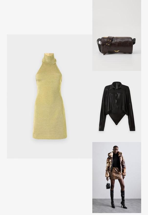 Átgondolt, ujjatlan, fényes arany kötött ruha magas, állógalléros kivágással. Testre simuló fazon sima textúrával és minimalista kialakítással.; Fekete egyrészes ruházat hosszú ujjakkal, V-kivágással és testhez simuló fazonnal. Fényes, sima anyagból készült, strukturált gallérral és mandzsettákkal.; Barna és fekete mintás puffjú dzseki, barna kígyóbőr mintás mini szoknyával, fekete térdig érő csizmával és egy kicsi fekete táskával párosítva.; Barna krokodilbőr hatású bőr táska henger alakú, arany tónusú fémveretekkel és lecsatolható, szegecsekkel díszített pánttal.