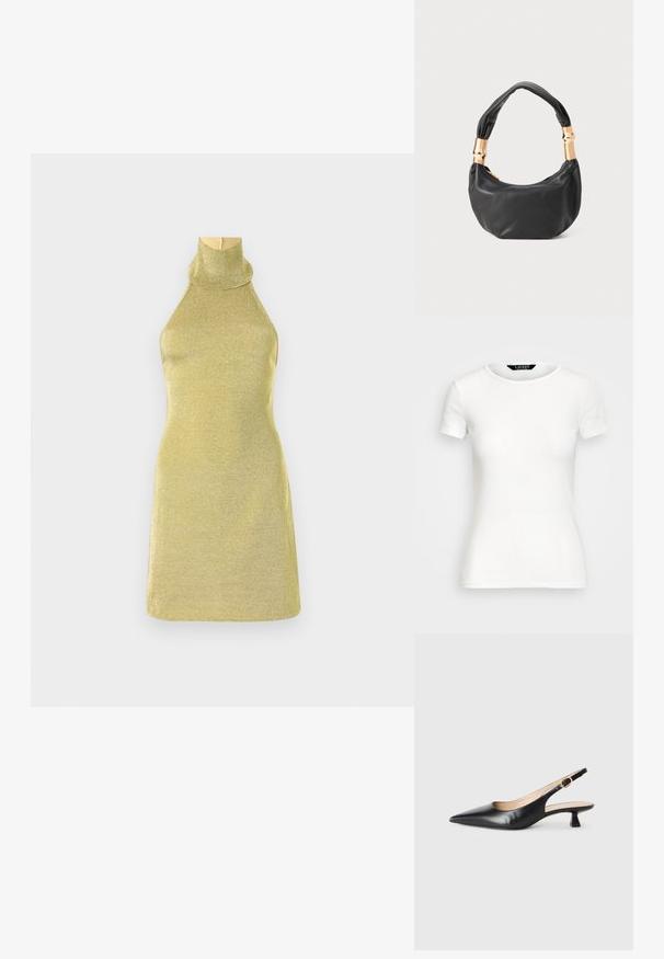 Pletena brezrokavna obleka v kovinski zlati barvi z visokim ovratnikom. Prilega se telesu z gladko teksturo in minimalistično obliko.; Bela bombažna majica s kratkimi rokavi, okroglim ovratnikom, prilegajočim krojem in gladko teksturo. Oznaka logotipa na ovratniku.; Črne usnjene slingback čevlje z mačjih petah in oštrim nosom ter zlatim sponko na stranskem traku, na beli podlagi.; Črna usnjena torbica okrogle oblike, mehke teksture, z vozlanim ročajem in zlatimi kovinskimi dodatki. Zadrga za zapiranje.