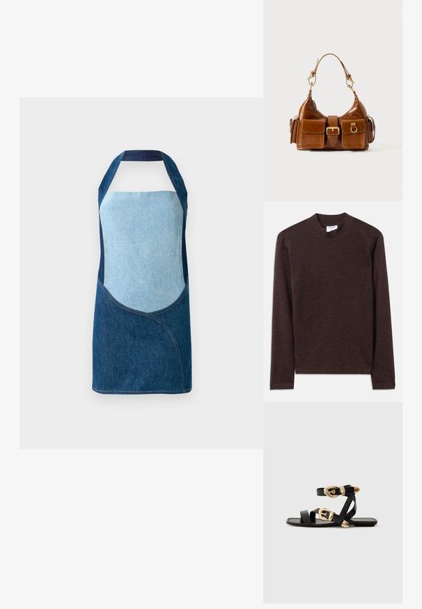 Denim-esiliina, joka sisältää sekoituksen vaaleita ja tummia sinisiä kankaita, kaarevilla paneelimuodoilla ja kaulakujamuodolla.; Ruskea pitkähihaisuus, jossa on korkea kaulus, valmistettu pehmeästä, teksturoidusta kankaasta. Yksinkertainen malli ja suorat hihat.; Mustat nahkakengät kultaisilla solkiyksityiskohdilla, joissa on useita hihnoja ja litteä pohjarakenteinen muotoilu avonaisille varpaille.; Ruskea nahkalaukku, jossa on kaareva muoto, kaksi kultaisen sävyistä metalliosaa, kaksi etutaskua ja leveä olkahihna. Silkkinen pinta ja tyylikäs viimeistely.