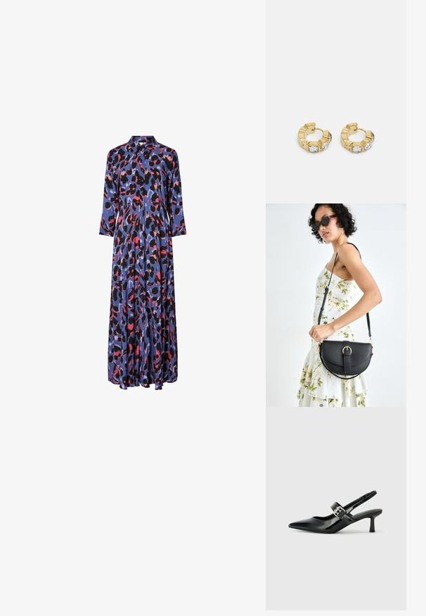 Vestido maxi em tecido sedoso com uma base azul e padrões ousados de leopardo em preto e rosa, com gola e mangas longas.; Saltos slingback em verniz preto com bico pontiagudo e um pequeno salto bloco, apresentando um detalhe de fivela prateada na tira.; Bolsa de couro preta com forma curva, alça destacável e detalhes em dourado. A bolsa possui uma aba com detalhe de fivela.; Brincos de argola dourados com um design texturizado e três cristais transparentes em um lado, oferecendo uma estética geométrica moderna.