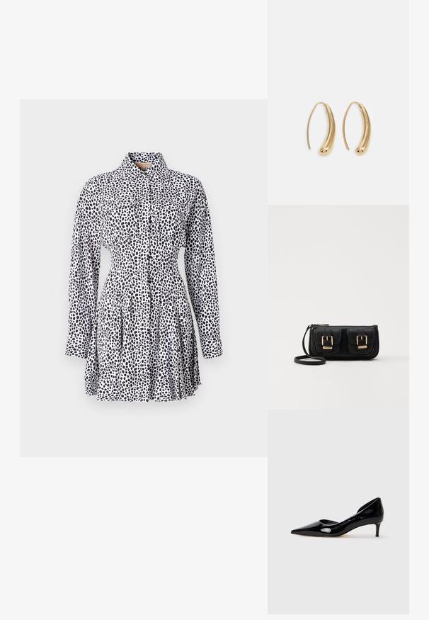 Napukava mekana haljina u bijelom materijalu s crnim točkicama, koja ima duge rukave, uski struk i nabran suknju.; Musta lakattu naisten teräväkärkinen pieni korkokenkä, jossa on matala korko, esitetty profiilista vaaleanharmaalla taustalla.; Musta nahkainen olkalaukku, jossa on kaksi etutaskua, kultaiset soljet, vetoketjukiinnitys ja kapea hihna. Teksturoidun pinnan ja kompaktin suorakaiteen muoto.; Korvakorut kultasävytteistä metallista, joissa on kaareva, pitkänomainen muoto. Ominaisuuksiin kuuluu sileä, kiiltävä pinta ja pyöreä kärki lisäyksinä.