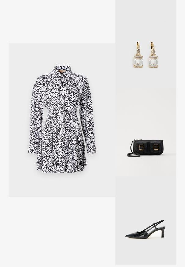 Abito button-up in tessuto bianco con un motivo a macchie nere, dotato di maniche lunghe, vita attillata e gonna plissettata.; Slingback con tacco in vernice nera con punta affusolata, caratterizzato da una stampa a serpente testurizzata, cinturino regolabile e un tacco corto e testurizzato.; Borsa a tracolla nera in pelle con due tasche frontali, fibbie dorate, chiusura con zip e una tracolla sottile. Superficie texturizzata e forma rettangolare compatta.; Orecchini in tonalità dorata con un cristallo trasparente rettangolare sospeso sotto una fila di piccoli accenti trasparenti rotondi. Design elegante e moderno.
