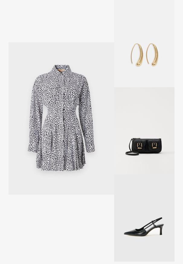 Suknelė su mygtukais, pagaminta iš baltos medžiagos su juodais taškais, turinti ilgus rankovėmis, prigludusia juosmeniu ir kloshtą.; Juodai lakuoti slingback aukštakulniai su smailiu nosiu, su tekstūruotu gyvatės raštu, reguliuojama juosta ir trumpu, tekstūruotu blokiniu kulnu.; Juodas odinis per petį nešiojamas krepšys su dviem priekiniais kišenėmis, auksiniais sagtimis, užtrauktuko uždarymu ir siauromis petnešomis. Textūruota paviršius ir kompaktiškas stačiakampis formatas.; Auksinės metalinės auskarų kabės su lenktą, pailgą forma. Turi lygų, blizgantį paviršių ir užapvalintą galiuką papildomam akcentui.