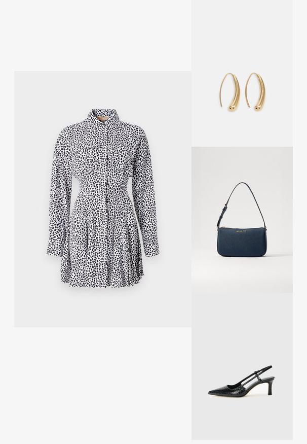 Rochie cu nasturi din material alb cu model cu pete negre, având mâneci lungi, talie ajustată și fustă plisată.; Pantofi cu toc slingback negri din patent, cu vârf ascuțit, cu imprimeu de șarpe texturat, curea ajustabilă și toc scurt texturat.; Geantă de mână din piele sintetică de culoare bleumarin, cu un logo de culoare aurie, închidere cu fermoar și curea de umăr reglabilă, cu o textură netedă și o formă rectangulară.; Cercei din metal auriu, cu un design curbat și alungit. Au o suprafață netedă și strălucitoare, cu un vârf rotunjit pentru un detaliu suplimentar.