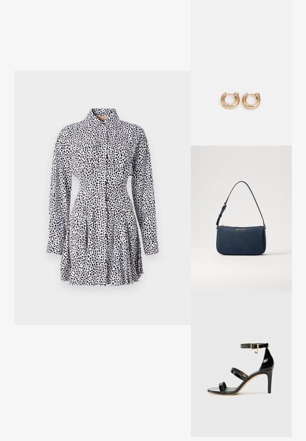 Knapp-up kjole i hvidt stof med et mønster af sorte pletter, med lange ærmer, en figursyet talje og plisseret nederdel.; Sorte patenterede lædersandaler med tre stropper, ankelspænde og 10 cm stiletthæl. Har detaljer i guld og et logo charms.; Marineblå syntetisk læderhåndtaske med logo i guldfarve, lynlåslukning og justerbar skulderrem, der har en glat overflade og rektangulær form.; Guldøreringe med en poleret finish, der har et tykt, cirkulært design og en sikker lukkeanordning. Glat tekstur og skinnende udseende.