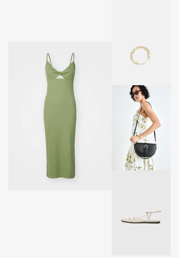 Roheline istuv kleit ribbekangast, õhukeste rihmadega ja diamond-lõike detailiga ees, ulatudes keskmise säärmeni.; Bežid lame sandaal, millel on mitu peenikest rihma ja reguleeritav pandla. Tallal on lame pind, mille ääres on kerge tumedam kontrast.; Mustmust mustraha kõverate joontega, eemaldatava rihmaga ja kuldsete detailidega. Kotil on klapp, millel on pandladetail.; Kuldtoonis sõrmus, millel on orgaaniline, keerdunud disain sileda tekstuuri ja kitsenevate otstega, luues kaasaegse skulptuurilise välimuse.