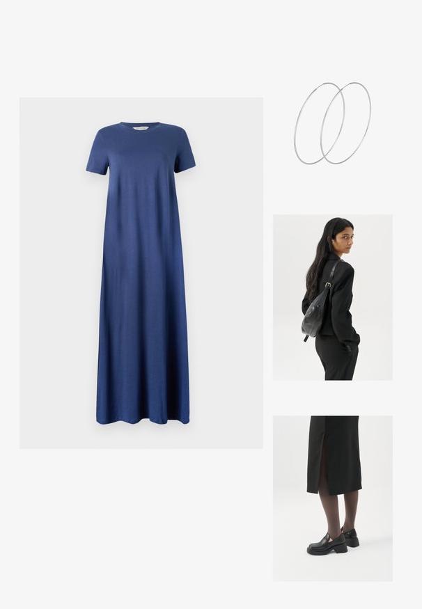 Tamsiai mėlyna maksi suknelė iš minkštos medžiagos, su trumpomis rankovėmis ir apvaliu iškirpimu, tiesios, laisvos linijos. Nėra matomų raštų ar akcentų.; Juodos odinės bateliai su apvaliu nosiu, stora blokine pakulne ir elastingais šonais, derinami su tamsiomis pėdkelnėmis ir juoda sijonu su plyšiu.; Moteris su ilgais tamsiais plaukais, vilkinti juodą kostiumą, nešanti juodą odinę rankinę per petį, žvelgia per petį prieš balto fono.; Sidabrinės pusmėnulio auskarai minimalistiniu dizainu. Apskritimo forma, lygus paviršius ir plonas profilis. Lengvi su poliruotu apdailu.