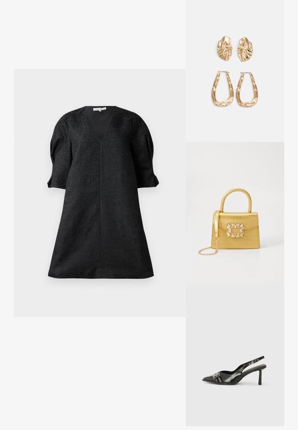 Melns kleita ar V veida dekoltē, īsām pūkainām piedurknēm un teksturētu audumu, kas rotāts ar maziem akcentiem.; Melnā patentēta ādas sandale ar norādītu purngalu, potītes siksniņām ar sudraba sprādzēm un aparatūru, kā arī smalku papēdi.; Dzeltena mākslīgā krokodila roku soma ar strukturētu dizainu, augšējo rokturi, noņemamu ķēdes siksniņu un dekoratīvām kristāla rotājumiem aizdares daļā.; Zelta krāsas auskari ar teksturētām, viļņotām formām. Iekļauts skulpturāls piespraužams modelis un atvērta gredzenveida konstrukcija ar izsistām virsmām.