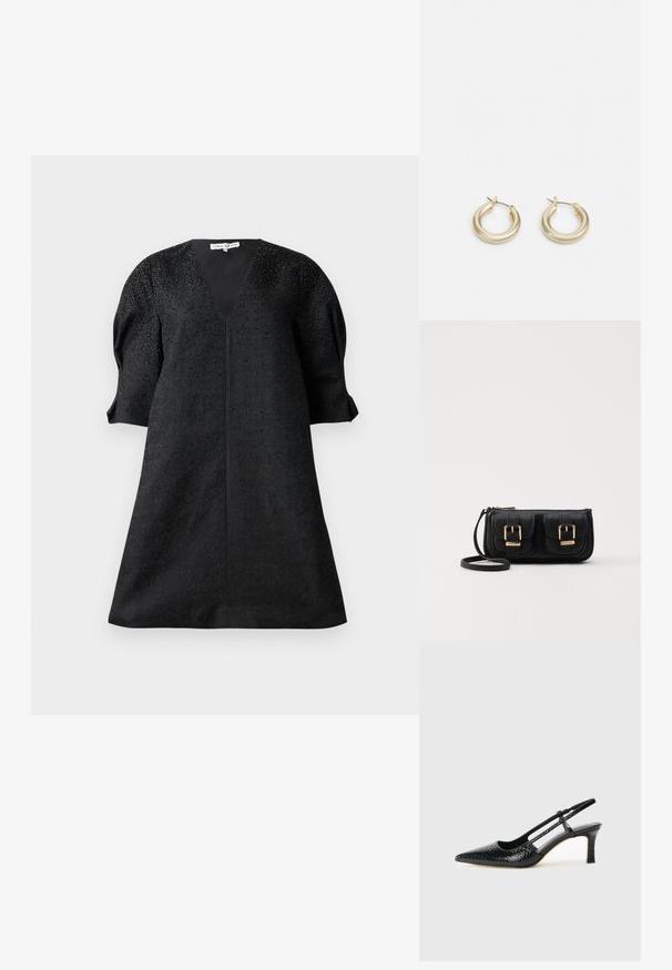 Crna haljina s V izrezom, kratkim napuhanim rukavima i teksturiranom tkaninom koja sadrži male ukrase za detalj.; Crne lakirane slingback pete s oštrim vrhom, s teksturiranim uzorkom zmijske kože, podesivom remenom i kratkom, teksturiranom blok-petom.; Crna kožna torba preko ramena s dva prednja džepa, zlatnim kopčama, zatvaranjem na zip i uskim remenom. Teksturirana površina i kompaktan pravokutan oblik.; Lauren Ralph Lauren BASIC SMALL HOOP - Naušnice - gold-coloured