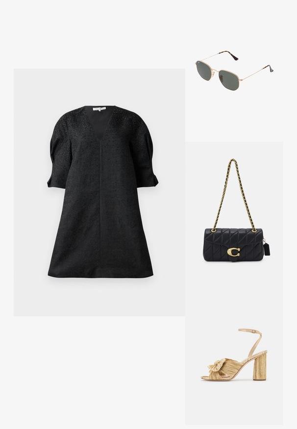 Vestido negro con escote en V, mangas cortas abullonadas y tejido texturizado con pequeños adornos para el detalle.; Sandalias doradas de tacón con un frente anudado, textura plisada y una correa en el tobillo. El tacón cuadrado tiene un diseño estriado que mejora la adherencia.; Gafas de sol de metal dorado con lentes verde oscuro, estilo aviador, con patillas delgadas y acentos de carey en los extremos.; Bolso de mano negro acolchado con una correa de cadena dorada, que presenta un distintivo clasp dorado y una pequeña etiqueta, mostrando una superficie de cuero texturizada.