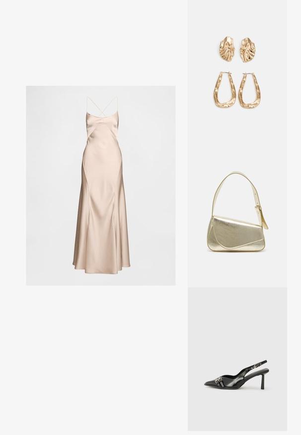 Saten haljina bez rukava u boji kože s uskim korzetom i raširenim donjim dijelom. Ima tanke, ukrižene naramenice i glatku, sjajnu teksturu.; Crna lakirana slingback cipela s izduženim vrhom, remenčićima oko gležnja s srebrnim kopčama i dijelovima, te vitkim potplatom.; Zlatna metalna torba s uređenim dizajnom, glatkom teksturom i podesivim remenom. Ima jedinstven trokutasti oblik i minimalističko šivanje.; Naušnice zlatne boje s teksturiranim, valovitim oblicima. Uključuju skulpturalne kopče i dizajn otvorene kružnice s kovanom završnom obradom.