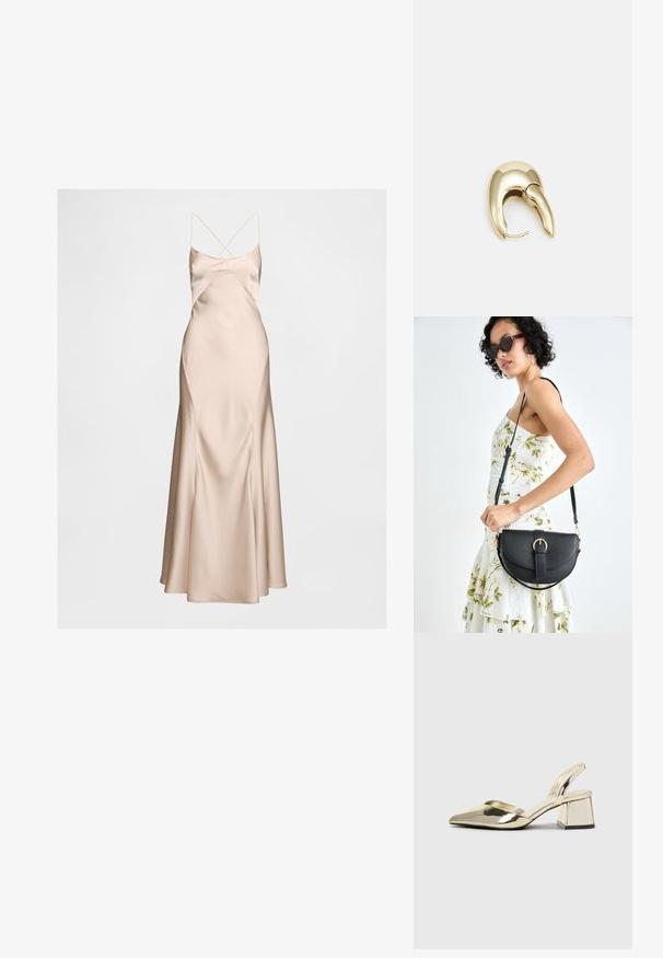 Vestido de satén en nude con un corpete ajustado y un dobladillo acampanado. Presenta tirantes delgados entrelazados y una textura suave y lisa.; Tacones slingback metálicos dorados con punta afilada y tacón grueso. Textura suave, diseño minimalista y una correa estrecha.; Bolso de piel negra con forma curva, correa desmontable y herrajes dorados. El bolso cuenta con una solapa con un detalle de hebilla.; Pendiente de metal en tono dorado con un diseño elegante y curvado. Presenta una forma puntiaguda distintiva, superficie pulida y cierre de bisagra.