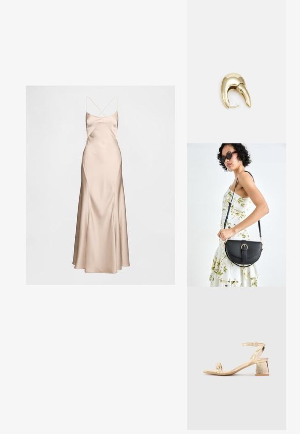 Robe déshabillé en satin couleur nude avec un corsage ajusté et un ourlet flottant. Elle présente de fines bretelles croisées et une texture lisse et soyeuse.; Sandale à talon en métal doré avec un talon bloc angulaire, deux bandes sur le pied et une bride de cheville réglable. Texture lisse.; Sac à main en cuir noir avec une forme courbée, bandoulière amovible et des accessoires en or. Le sac est doté d'un rabat avec un détail de boucle.; Boucle d'oreille en métal doré avec un design élégant et courbé. Présente une forme conique distinctive, une surface polie et une fermeture à charnière.