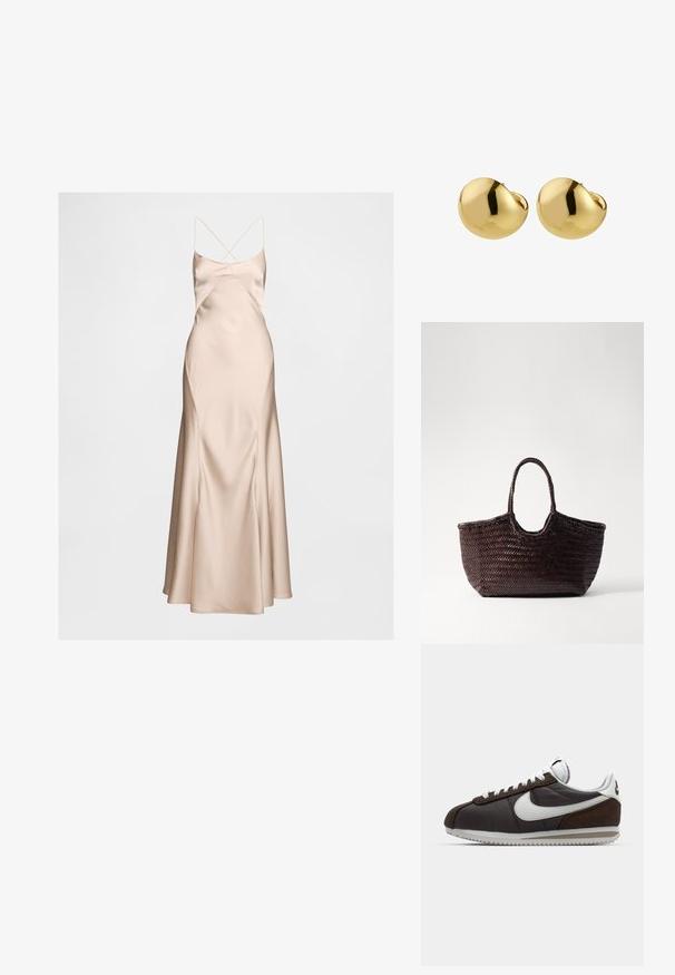 Nude krāsas satīna kleita ar pieguļošu augšu un izplestu apakšmalu. Iezīmes plānas, krusteniskas siksnas un gluda, viendabīga tekstūra.; Brūni un pelēki Nike sporta apavi ar baltām akcentiem; ādas un zamša materiāli; teksturētas zoles; pelēkas šņores; klasiskā retro dizainā.; Austs brūns tote soma ar noapaļotu augšu un divām rokturiem. Iezīmē teksturētu rakstu ar plašu, atvērtu struktūru, kas nodrošina vieglu piekļuvi.; Pilgrim JACE - Auskari - gold-coloured