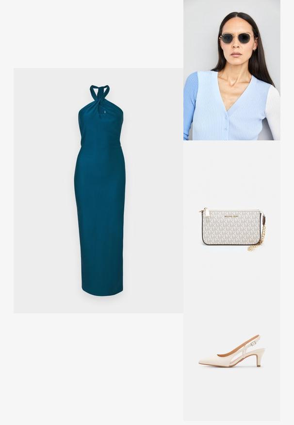 Mėlynas halter stiliaus suknelė su sukurtu kaklu, prigludęs siluetas ir kelių ilgio hem. Pagaminta iš švelnios, tamprios medžiagos be jokių puošmenų.; Balti slingback kulniukai su smailiu pirštu, lygia viršutine medžiaga, žemu blokuotu kulnu ir šoniniu išpjovimu su reguliuojamu sagtimi.; Apskriti saulės akiniai su tamsiais objektyvais ir auksiniais rėmeliais. Modelis vilki šviesiai mėlyną, raukinį kardiganą su mygtukais ir kontrastingomis baltomis rankovėmis.; Michael Kors rankinė smėlio spalvos dengto kanvoje su pakartotiniu MK logotipo raštu, auksinėmis detalėmis ir nuimamu grandininiu dirželiu.