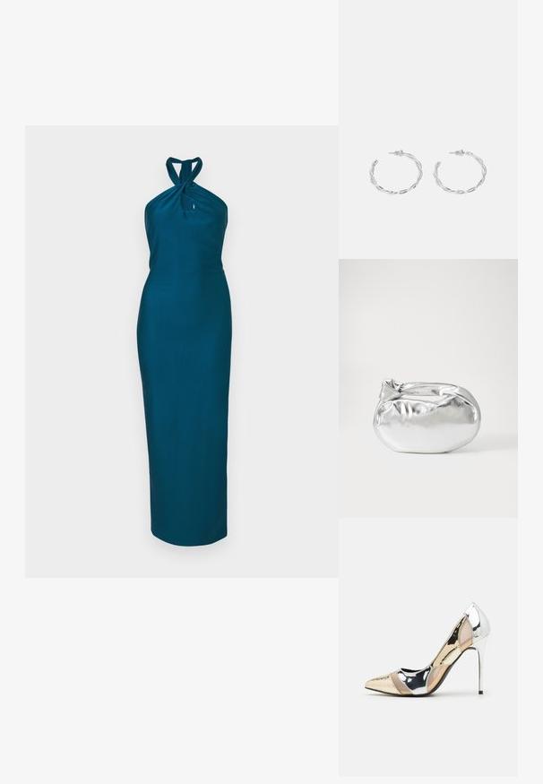 Tirkīza halter tipa kleita ar savīti apkakli, piegulošu siluetu un garumu līdz ceļiem. Izgatavota no gludas stiepjamas auduma bez rotājumiem.; Apspīlēta augstpapēžu kurpe ar zeltītu, sudrabi un neitrālu krāsu kombināciju. Spīguļojoša virsma ar izgriezuma dizainu, aprīkota ar stiletto papēdi.; Sudraba metāliska poga somiņa ar mīkstu, noapaļotu formu un mezgla augšējo aizdari. Izgatavota no gludas mākslīgās ādas materiāla.; Sudraba gredzenveida auskari ar savītu dizainu, kas ir ar pulētu apdari un ar aizmugurēju fiksāciju. Izmērs ir aptuveni 3 cm diametrā.