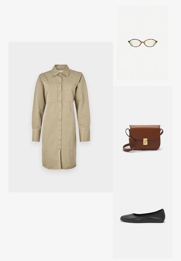Rochie cămașă cu mâneci lungi de culoare khaki, confectionată din bumbac, cu un guler cu nasturi, două buzunare pe piept și un tiv curbat.; Balerini din piele neagră, cu vârf rotund, textură netedă, detalii de cusătură minimale și un design al tălpii flexibil.; Ochelari cu ramă din tartan, cu lentile ovale și un finisaj elegant, neted. Prezintă margini subțiri cu o curbură subtilă la tâmple. Lentile clare.; Geantă de piele maro cu închidere tip capac, accesorii de culoare aurie, curea de umăr și o textură netedă. Formă compactă și rectangulară.