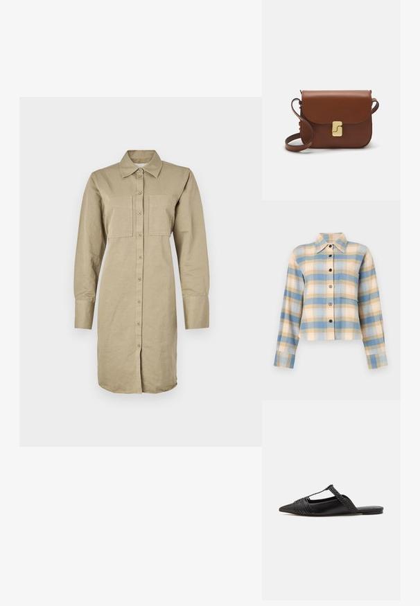 Rochie cămașă cu mâneci lungi de culoare khaki, confectionată din bumbac, cu un guler cu nasturi, două buzunare pe piept și un tiv curbat.; Cămașă în carouri cu guler structurat, având modele în nuanțe de albastru, bej și roz, mâneci lungi și nasturi negri pe față.; Pantofii din piele neagră cu curea la spate au vârful ascuțit, prezentând un accent țesut și un design superior pliat. Talpa joasă cu hardware minim.; Geantă de piele maro cu închidere tip capac, accesorii de culoare aurie, curea de umăr și o textură netedă. Formă compactă și rectangulară.