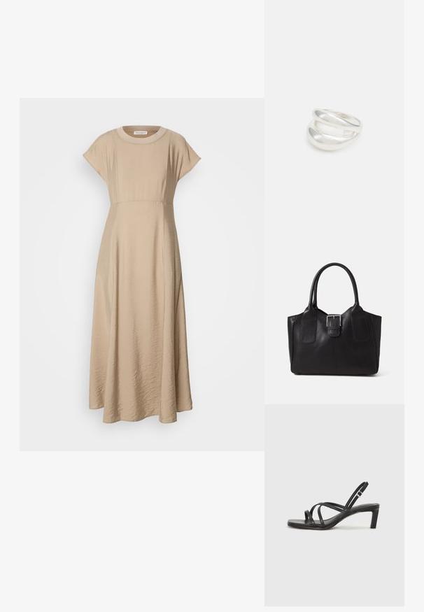 Bež midi haljina izrađena od mekog, teksturiranog materijala s okruglim izrezom, kratkim rukavima i raširenim siluetom, koja ima uski struk.; Crne sandale s trakama, kvadratnim prstom i niskom blok petom. Ima više tankih trakica i podesivu trakicu oko gležnja. Izrađene su od glatke kože.; Crna kožna torba za nošenje s glatkom teksturom, strukturiranim oblikom, dvije ručke i istaknutim srebrnim kopčanjem na prednjoj strani.; Srebrna dvostruka prsten s glatkom, poliranom površinom. Karakterizira ga fluidan, zakrivljen dizajn s preklapajućim sekcijama za moderan izgled.