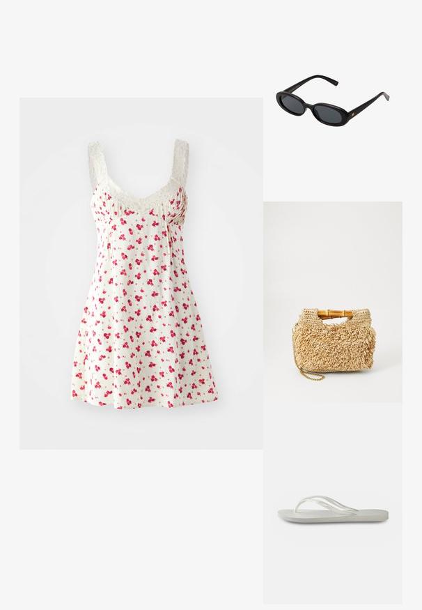 Krēmveida ziedu miega kleita ar rozā ziediem, mežģīņu apdare ap kaklu, regulējamām siksnām un brīvi plūstošu A formas siluetu.; Bietes flip-flops ar teksturētu zoli, ar plānām siksnām un platu dizainu. Izgatavoti no gumijas ar smalku logotipu uz zoles.; Melnu pārspīlēto saulesbrilles ar ovālām lēcām, gludu plastmasas rāmja un zelta akcentiem uz tempļiem. Tumšie lēcas nodrošina saules aizsardzību.; Aukstā pītā salmu soma ar bambusa rokturiem, ar teksturētu frizūru dizainu dabīgā bēšā krāsā un zelta ķēdes siksnu.