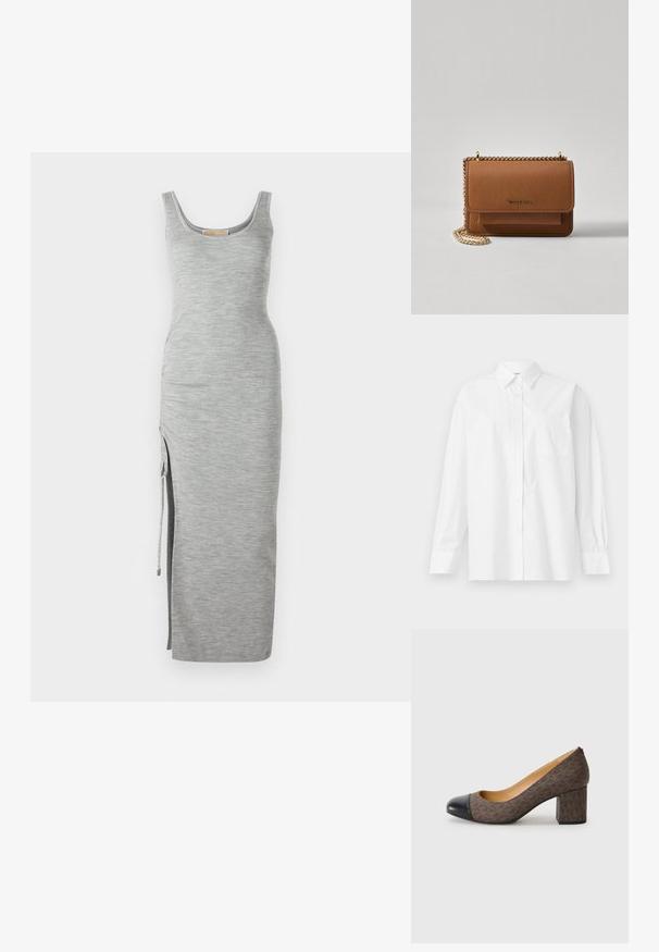 Szara, prążkowana sukienka maxi z dekoltem w serek, bocznym rozcięciem i regulowanym sznurkiem. Wykonana z miękkiego, teksturowanego materiału.; Biała koszula z długim rękawem wykonana z bawełny, z klasycznym kołnierzykiem, zapięciem na guziki i pojedynczą kieszenią na piersi po lewej stronie.; Brązowy wzorzysty szpilki z zaokrągloną czarną czubką i obcasem w kształcie bloku, o gładkiej skórzanej fakturze.; Brązowa skórzana torba na ramię z teksturą, z złotym łańcuszkiem i zapięciem na klapkę. Z przodu znajduje się detal z logo oraz kieszeń pod klapką.