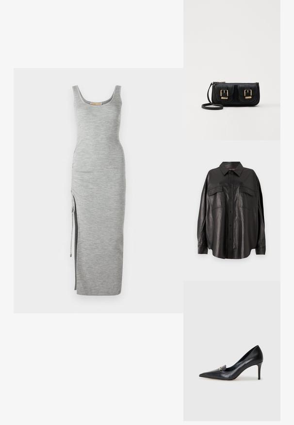 Šedé žebrované maxi šaty s kulatým výstřihem, bočním rozparkem a nastavovací šňůrkou. Vyrobeno z měkké, texturované tkaniny.; Černá kožená košile s knoflíkovou přední částí, špičatým límcem a dvěma náprsními kapsami. Vyznačuje se volným střihem a hladkou texturou.; Černé kožené lodičky s špičatou špičkou, nízkým svrškem a dekorativním zlatým akcentem. Mají jehlový podpatek a hladkou texturu.; Černá kožená crossbody taška se dvěma předními kapsami, zlatými přezkami, zipovým uzávěrem a štíhlým popruhem. Texturovaný povrch a kompaktní obdélníkový tvar.