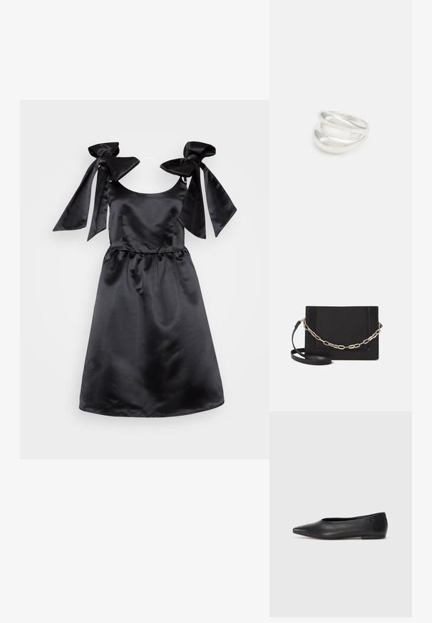Čierne saténové šaty s okrúhlym výstrihom, ramienkami zviazanými do veľkých mašlí a riaseným pásom. Hladká textura a dĺžka po kolená.; Čierne kožené baletky, špicatý špička, minimalistický dizajn, hladká textúra, nízky podpätok, bez viditeľných prvkov alebo ozdôb.; Čierna kožená crossbody taška s hladkou textúrou, obdĺžnikovým tvarom a kovovým reťazovým detailom na prednej strane. Súčasťou je nastaviteľný popruh.; Strieborný prsteň s dvojitým pásikom s hladkým, lesklým povrchom. Má plynulý, zakrivený dizajn s prekryvajúcimi sa časťami pre moderný vzhľad.