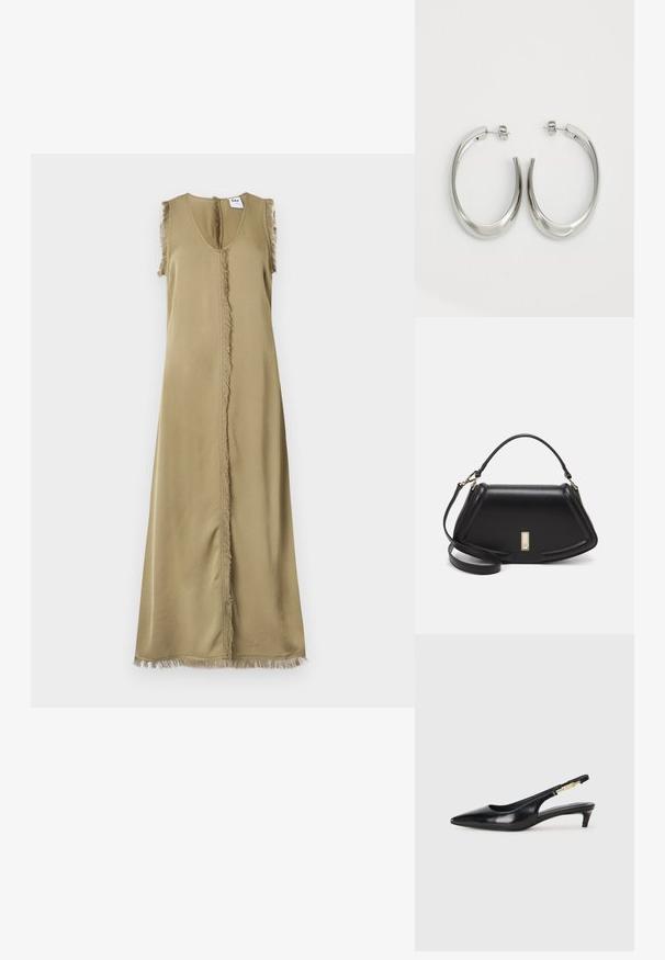 Robe sans manches de couleur olive avec un décolleté en V profond, une couture centrale et des bords effilochés le long de l'encolure et de l'ourlet. Fabriquée dans un tissu lisse.; Talons hauts en cuir noir avec un bout pointu, dotés d'un talon fin et d'un accent en ton or sur la lanière réglable. Texture lisse.; Sac à main en cuir noir avec un design structuré, featuring une forme cropped, une poignée supérieure et des accents en matériel doré. Bandoulière réglable incluse.; Boucles d'oreilles en argent avec un design lisse et courbé. Présentent une finition métallique brillante et une fermeture à clou. Pas de motifs ou d'accents visibles.