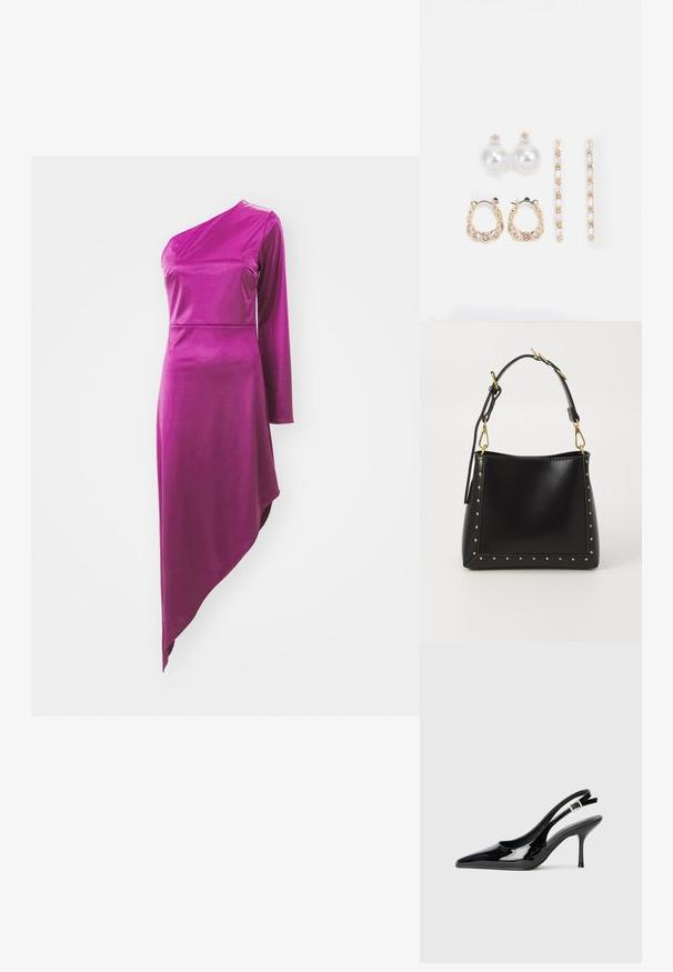 WAL G. OLESSIA ONE SLEEVE DRESS - Džersio suknelė - plum; Juodos patentinės odos slingback aukštakulniai su smailiu pirštu ir plonu kulnu. Yra reguliuojama sagtis gale. Lygi tekstūra.; Juodas odinis rankinės su griežtu pavidalu, su auksiniais kalnų taškeliais aplink kraštus ir nuimamu diržu su auksinėmis detalėmis.; Trys auskarų poros: dideli balti perlų studai, auksinės auskarai su skaidriais brangakmeniais ir du ilgi tiesūs auksiniai akcentų auskarai su blizgančiomis detalėmis.