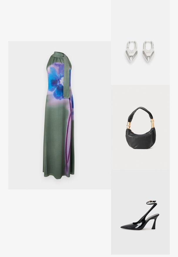 Vestido largo de estilo halter en verde apagado con un estampado floral en azul y púrpura. Tela suave con un detalle de cuello atado y silueta fluida.; Tacan de charol negro con tacón alto de slingback, con punta afilada, correa ajustable en el tobillo y un tacón bloque moderado. Textura suave con acabado brillante.; Bolso de mano de cuero negro con forma redonda, textura suave y un asa anudada que cuenta con acentos de hardware en tono dorado. Cierre con cremallera.; Candados en forma de corazón de plata con inscripciones grabadas de "SÍ" y "NO", acabado pulido, diseño simétrico y un robusto cierre de metal.