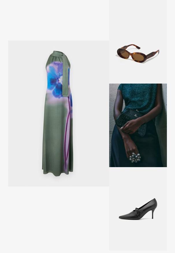 Długa sukienka na ramiączkach w stonowanym zielonym kolorze z niebieskim i fioletowym nadrukiem kwiatowym. Gładki materiał z wiązanym detalem przy szyi, swobodna sylwetka.; GIABORGHINI ARTEMIS czarny; Okulary przeciwsłoneczne w stylu żółwi, z owalnymi soczewkami, brązowym odcieniem i złotymi akcentami na ramionach. Grube oprawki o błyszczącej powierzchni i gładkiej fakturze.; Czarna kopertówka w wzór krokodyla z srebrnymi akcentami, trzymana na szarym, teksturowanym tle. Posiada błyszczącą powierzchnię.; Rabanne XL LINK DOUBLE HOOP EARRING - Kolczyki