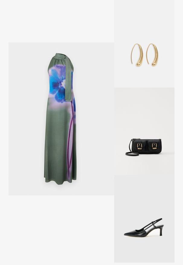 Abito lungo stile halter in verde tenue con una stampa floreale blu e viola. Tessuto morbido con un dettaglio di collo annodato e una silhouette fluida.; Slingback con tacco in vernice nera con punta affusolata, caratterizzato da una stampa a serpente testurizzata, cinturino regolabile e un tacco corto e testurizzato.; Borsa a tracolla nera in pelle con due tasche frontali, fibbie dorate, chiusura con zip e una tracolla sottile. Superficie texturizzata e forma rettangolare compatta.; Orecchini a cerchio in metallo color oro con forma curva ed allungata. Presentano una superficie liscia e lucida e una punta arrotondata per un tocco di dettaglio in più.