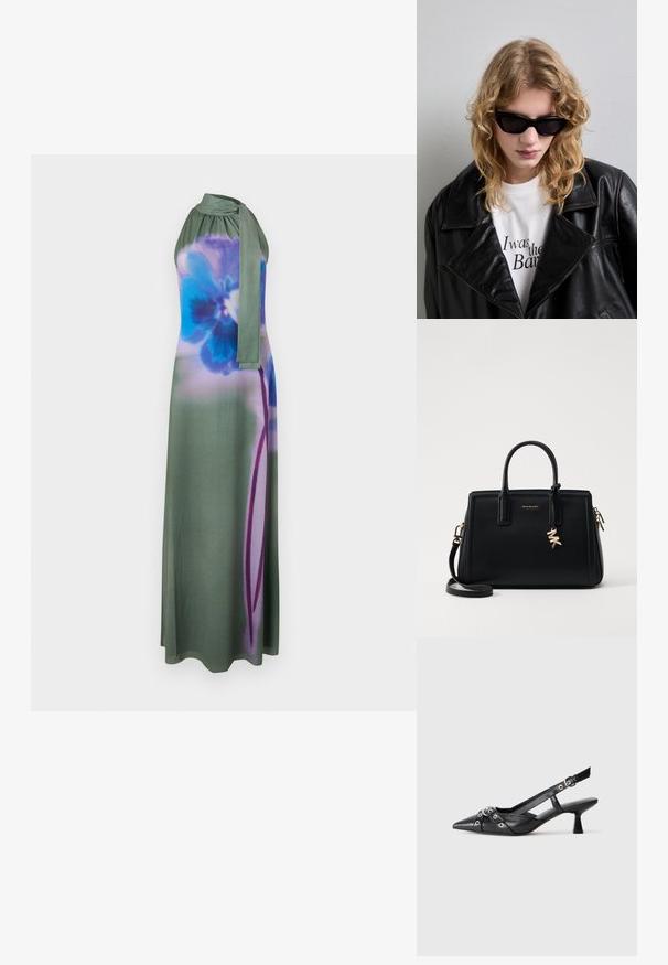 Duga halter haljina u umirujućoj zelenoj boji s plavim i ljubičastim cvjetnim uzorkom. Glatka tkanina s detaljem vezanja oko vrata, teče silueta.; Crne kožne cipele s remenom oko pete, s izduženim vrhom, dekorativnim trakama s metalnim rupama i niskom blok petom. Teksturirana površina.; Crne sunčane naočale s elegantnim, kutnim dizajnom. Model nosi crnu kožnu jaknu preko bijele majice s otisnutim tekstom, na neutralnoj pozadini.; Crna kožna torba s strukturiranim dizajnom, dvostrukim gornjim ručkama, odvojivim remenom za rame, zlatnim detaljima i akcentom s logom.