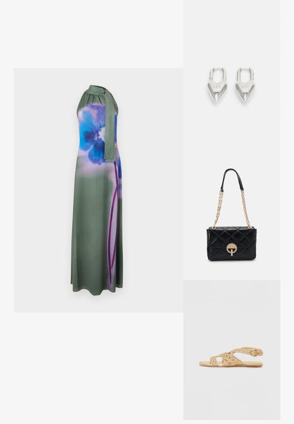 Robe longue, style halter, en vert pastel avec un imprimé floral bleu et violet. Tissu lisse avec un détail de cou noué, silhouette fluide.; Stuart Weitzman THEA - Sandales - golden; Sac à main en cuir matelassé noir avec une bandoulière en chaîne dorée, présentant un détail de fermoir circulaire. Forme rectangulaire compacte avec une texture lisse.; Cadenas en forme de cœur en argent avec les inscriptions gravées "OUI" et "NON", finition polie, design symétrique et un robuste fermoir en métal.