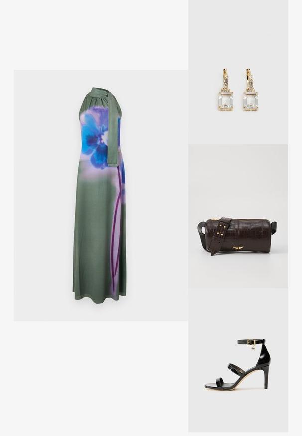 Abito lungo stile halter in verde tenue con una stampa floreale blu e viola. Tessuto morbido con un dettaglio di collo annodato e una silhouette fluida.; Sandalo in pelle verniciata nera con tre cinturini, fibbia alla caviglia e tacco a stiletto di 10 cm. Presenta dettagli in hardware dorato e un charm con logo.; Borsa in pelle stampata a coccodrillo marrone con forma cilindrica, accessori in tonalità oro e una tracolla staccabile con borchie.; Orecchini in tonalità dorata con un cristallo trasparente rettangolare sospeso sotto una fila di piccoli accenti trasparenti rotondi. Design elegante e moderno.