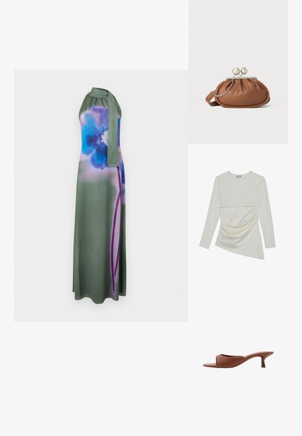 Dolga obleka halter kroja v umirjeni zeleni barvi z modrim in vijoličnim cvetličnim tiskom. Gladek material z detajlom na vratu, ki se zaveže, in tekoča silhueta.; Dolga rokavi krema majica z okroglo ovratnikom, ki ima večplastno zasnovo in nabran detajl na spodnjem delu. Mehka tkanina z gladko teksturo.; Rjave odprte sandalje s peto z gladko, mat površino, ki imajo ukrivljen dizajn in prozorno, zoženo peto.; Rjava usnjena torbica z srebrnim krogličnim zapiranjem in majhno srebrno verigo na beli podlagi.