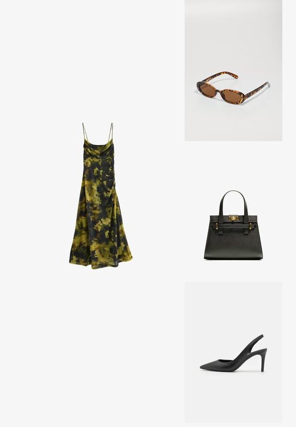 Cowl-neck, ærmeløs kjole i et camouflagemønster af mørkegrøn, olivengrøn og sort. Blødt, flydende stof med en afslappet pasform.; Sorte læder slingback høje hæle med spids tå-design, der har en udskæring fortil og en tynd stiletto-hæl.; Skildpadde-solbriller med ovale stel, brune linser og slanke sorte arme med diskrete mønster-indsatser.; Sort tekstureret tote taske med korte håndtag, der har en guldlås og detaljer. Designet er struktureret med en geometrisk silhuet.; Rosaguld rektangulært ur med en metallrem, ædelstene på bezellet og en hvid urskive med sorte markeringer og visere.